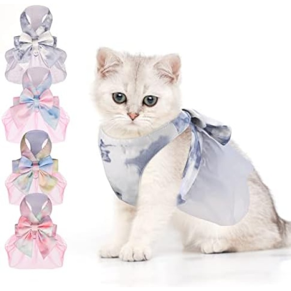 AMIR Pet Dog Dresses, Stylish Cat Harness and Leash, Escape Proof Kitten Collar Cat Walking Jacket, Princess Dog Dresses Suitable for 5.5-8.8lbs of Cats and Small Dogs-Grey White,M