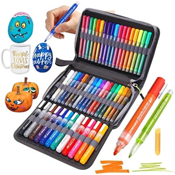 Acrylic Paint Pens 48 Color Painting Markers with Canvas Bag for Rock Painting, Stone, Ceramic, Glass, Wood, Fabric, Canvas, Set of Paint Markers