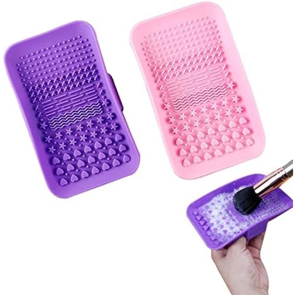 Angzhili 2 Pack Silicone Makeup Brush Cleaning Mat,Portable Makeup Brush Cleaner Pad,Cosmetic Brush Cleaning Tool (Pink+Purple)