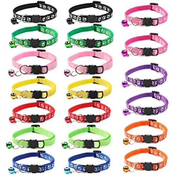 BUYGOO 20Pcs Cat Collar with Bell, Breakaway Cat Collar, Quick Release Cat Collar Colorful Kitten Collars Safety Buckle with Bell Adjustable Size 19-32 cm Safe Durable for Cat