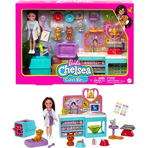 Barbie Chelsea Can Be Doll & Accessories, Pet Vet Playset with Brunette Small Doll, 4 Animals & 18 Pieces