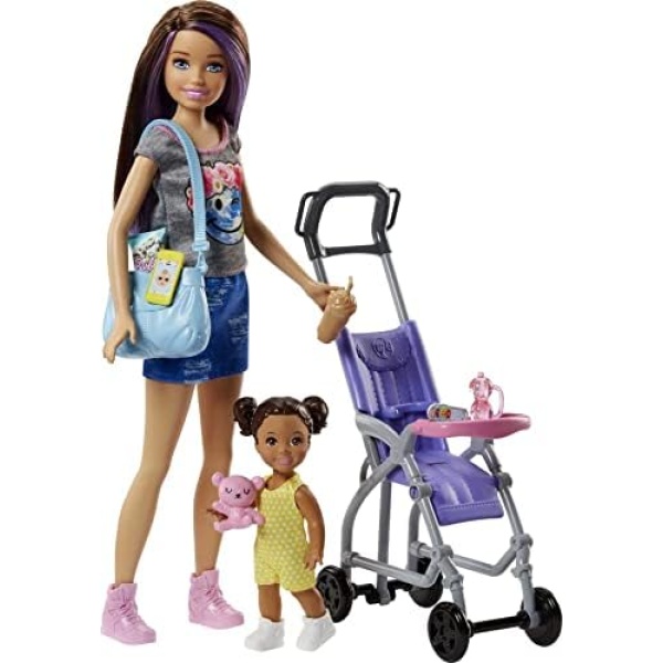 Barbie Skipper Babysitters Inc 2 Dolls & Accessories, Set with Brunette Skipper Doll, Small Doll & Bouncy Stroller [Amazon Exclusive]