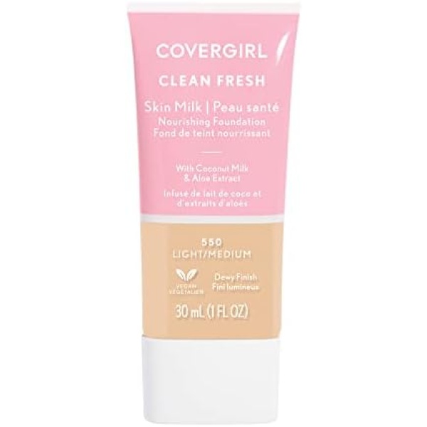 COVERGIRL - Clean Fresh Skin Tint Foundation, Formulated without Parabens, Sulfates, Mineral Oil & Talc, Infused with Coconut Milk & Aloe Extracts, 100% Vegan & Cruelty-Free, Light/Medium - 550