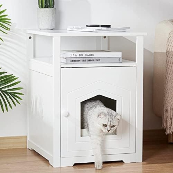 Cat Litter Box Furniture, LIVINGbasics Decorative Nightstand with Cat House, Enclosed Kitty Litter Box Washroom, Indoor Pet Crate-White