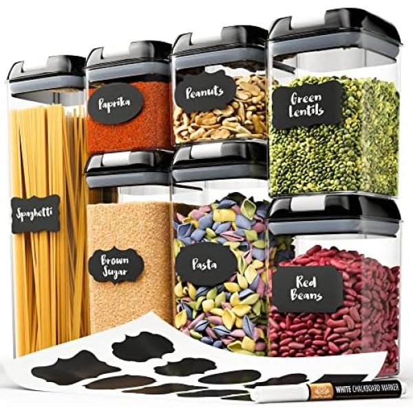 Chef's Path Airtight Food Storage Containers Set - 7 PC - Pantry Organization and Storage 100% Airtight, BPA Free Clear Plastic, Kitchen Canisters for Flour, Sugar and Cereal, Labels & Marker (Black)