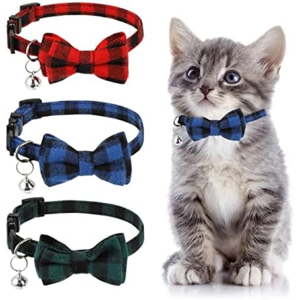 Chenkaiyang Cat Bow Tie Collar, 3 Pcs Adjustable Plaid Breakaway Collar with Bell and Detachable Bow Tie for Small Kitten Cats & Dogs Neck 8"-11"