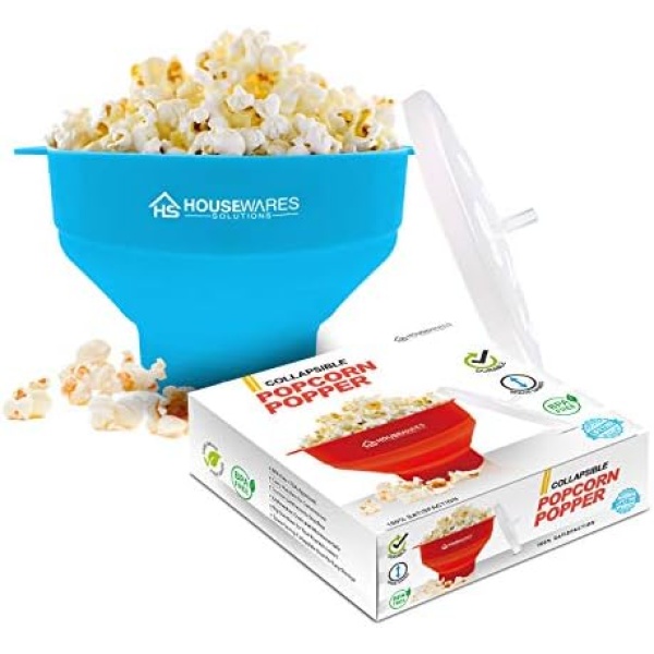 Collapsible Silicone Microwave Hot Air Popcorn Popper Bowl With Lid and Handles - Aqua