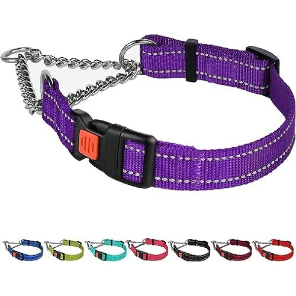 CollarDirect Reflective Dog Collar Martingale Collars Side Release Buckle Chain Training Adjustable Pet Collars (L, Neck Size 17"-22", Purple)