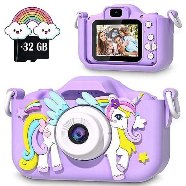 Colofree Kids Camera, Kids Digital Camera for 3 4 5 6 7 8 9 10 11 12 Year Old Boys/Girls, Toddler Camera Christmas Birthday Festival Gifts, Kids Camera Toys with 32G SD Card (Purple-A03)