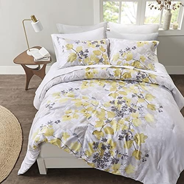 Comfort Spaces Bed in A Bag - Trendy Casual Design Cozy Comforter with Complete Sheet Set with Side Pocket, All Season Cover, Matching Shams, Queen, Nina, Leaf Yellow/Grey 9 Piece