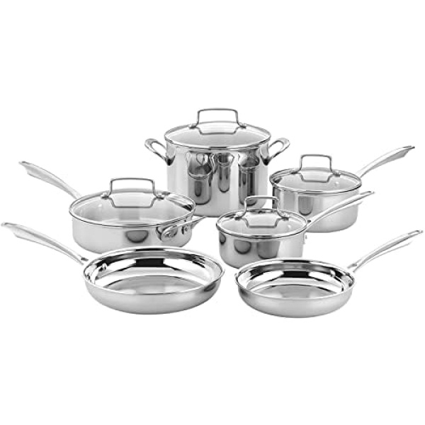 Cuisinart TPS-10 10 Piece Tri-Ply Stainless Steel Cookware Set, Silver