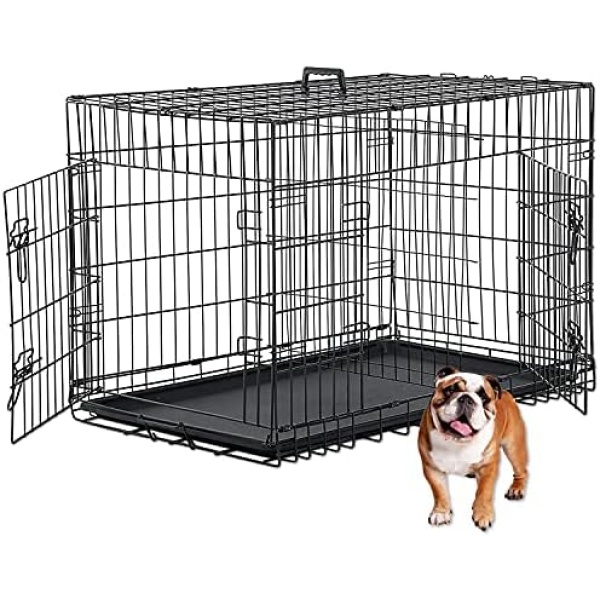 Dog Crate,Dog Kennel, Metal Crate 48 Inch Double Door Foldable Puppy Supplies Cage with Divider Panel, Handle, Plastic Tray for Pet Animals Outdoor Indoor (48 Inch)