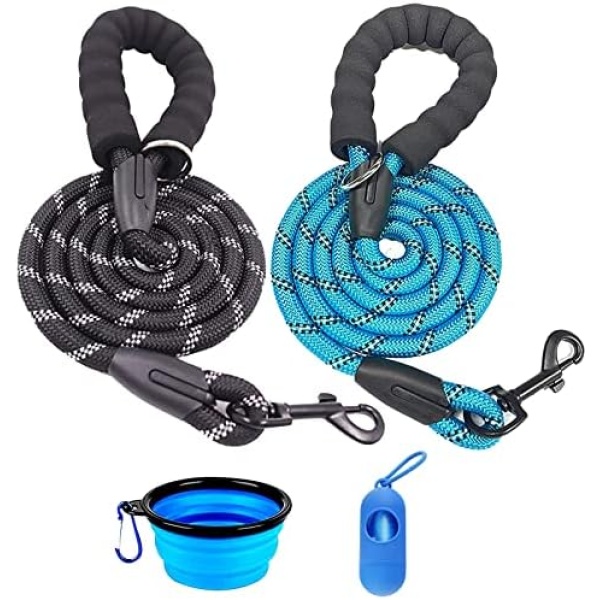 Dog Leash 6 / 8 FT, 2 Pack 0.5 in Heavy Duty Reflective Rope Dog Leash for Large Dog, Durable Nylon Dog Leash with Swivel Lockable Hook and Comfortable Padded Handle Collapsible Pet Bowl Zipper Pouch