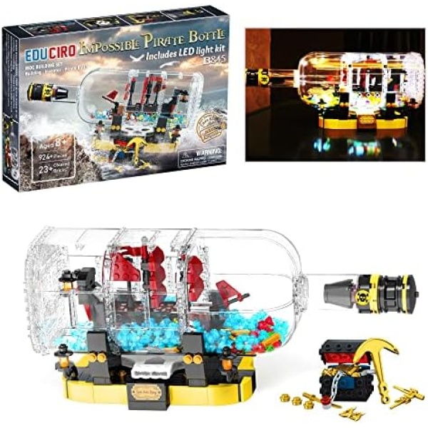 EDUCIRO Pirate Ship in A Bottle Toys Building Blocks for Adult, Kids Toys Building Sets for Boys Girls with LED Light (924 PCS), Unique Home Decor, Anniversary, Birthday Gifts Compatible with Lego