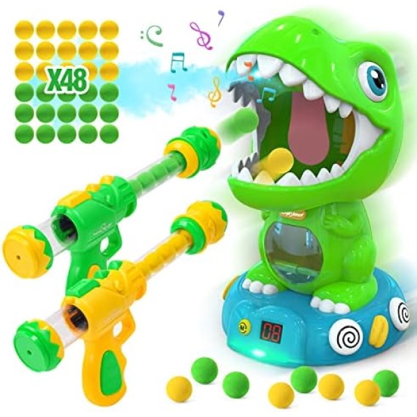 EagleStone Movable Dinosaur Shooting Toys for Kids 5-7 with Spraying, Electronic Target Game Toy with 2 Pump Guns, 48 Foam Balls, Party Favor Christmas Toys with Score Record, Sound, for Boys & Girs