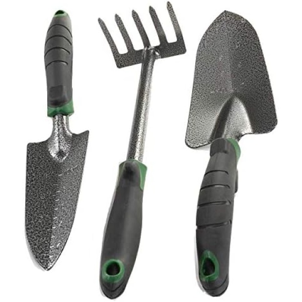 Edward Tools Garden Tool Set - Heavy Duty Carbon Steel Trowel, Transplanter, Hand Rake - 3 Piece Garden Tool Set with Bend-Proof Design - Ergo Rubber Grip Handles