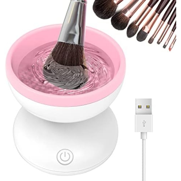 Electric Makeup Brush Cleaner Newest Design, Luxiv Wash Makeup Brush Cleaner Machine Fit for All Size Brushes Automatic Spinner Machine, Makeup Brush Beauty Blender Cleaner (White+Pink)