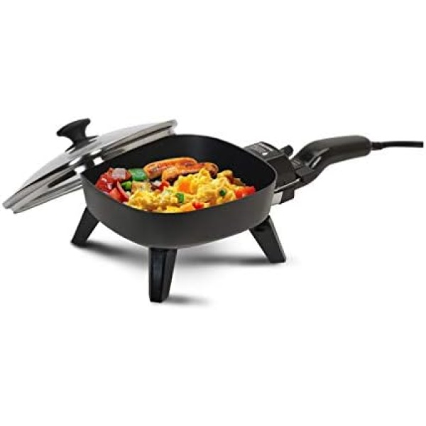 Elite Gourmet EFS-400# Personal Stir Fry Griddle Pan, Rapid Heat Up, 600 Watts, PFOA-Free Non-stick Electric Skillet with Tempered Glass Lid (Black)