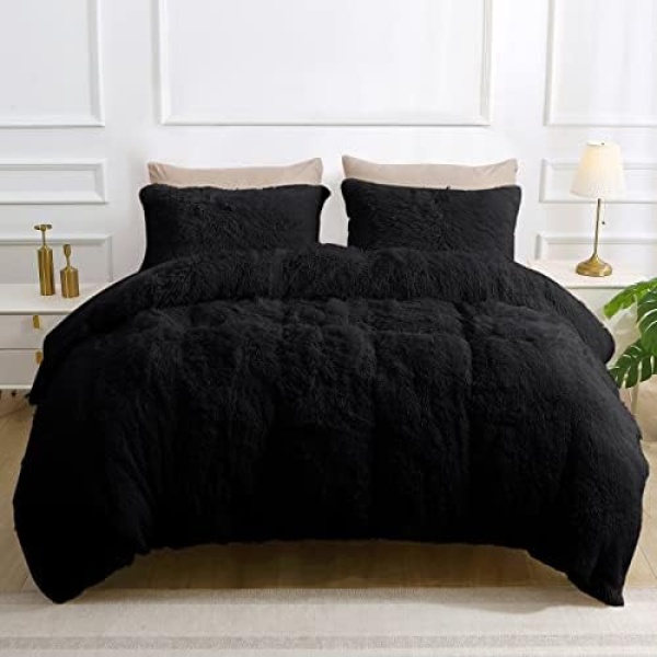 Fluffy Shaggy Duvet Cover Queen 3 Pieces, Plush Faux Fur and Velvet Reverse Queen Duvet Cover Set with Zipper Closure & Corner Ties, Warm Fuzzy Bedding Set with 2 Pillow Shams (Black, 90x90)