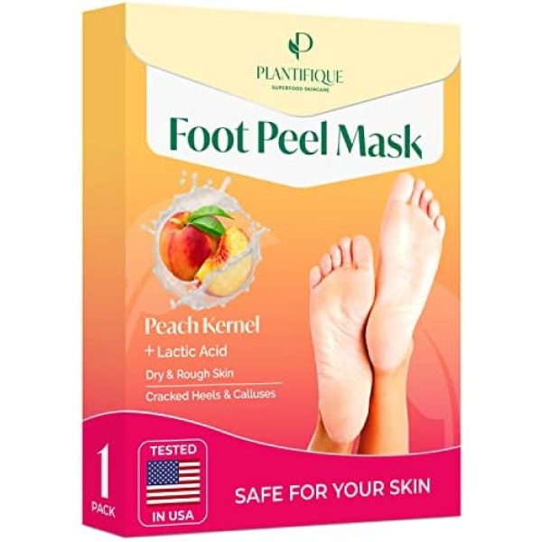 Foot Peel Mask with Peach by Plantifique - 1 Pack Peeling Foot Mask Dermatologically Tested - Repairs Heels & Removes Dry Dead Skin for Baby Soft Feet - Exfoliating Foot Peel Mask for Dry Cracked Feet