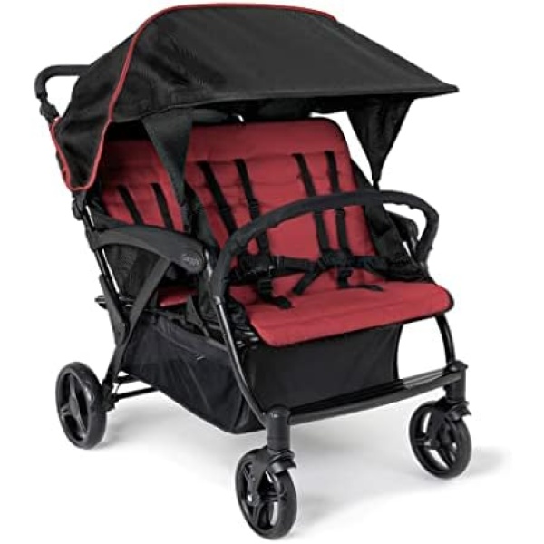 Foundations Gaggle Odyssey 4 Seat Quad Stroller with UV-Protecting Stroller Canopy and Bench Seats, 5 Point Harness for Added Safety, Foot Brake, Shock Absorbing All Terrain Tubeless Wheels (Red/Black)