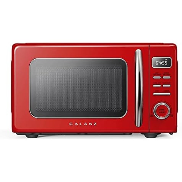 Galanz GLCMKZ07RDR07 Retro Countertop Microwave Oven with Auto Cook & Reheat, Defrost, Quick Start Functions, Easy Clean with Glass Turntable, Pull Handle,0.7 cu ft, Red