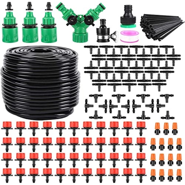 Garden Irrigation System 164FT 200 Pack Drip Irrigation Kit 1/4" Blank Distribution Tubing Watering Drip Kit Automatic Irrigation Equipment for Garden Greenhouse, Flower Bed,Patio,Lawn