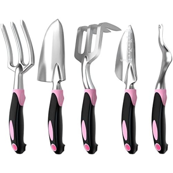 Garden Tool Set SOYUS Heavy Duty 5 Piece Gardening Kit Aluminum Garden Shovel for Digging Hand Trowel Weeder Cultivator Rake with Ergonomic Non-Slip Rubber Grip Pink Gardening Gifts for Women