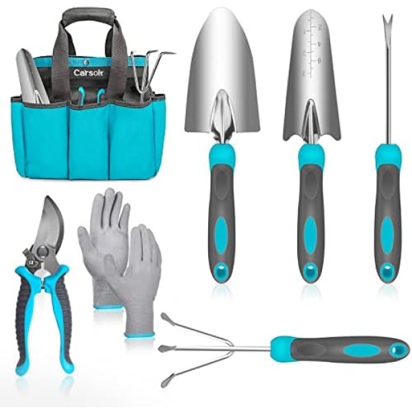 Gardening Tools, Carsolt 7 Piece Heavy Duty Stainless Steel Garden Tools Set with Ergonomic Rubber Handle. Variety of Gardening Hand Tools for Planting Gardening Kit with Gift Box Ideal Garden Gifts