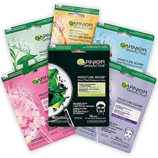 Garnier SkinActive Moisture Bomb Sheet Masks Combo Set, With Hyaluronic Acid, Hydrates & Softens Skin, Pack of 6 (6x28g)