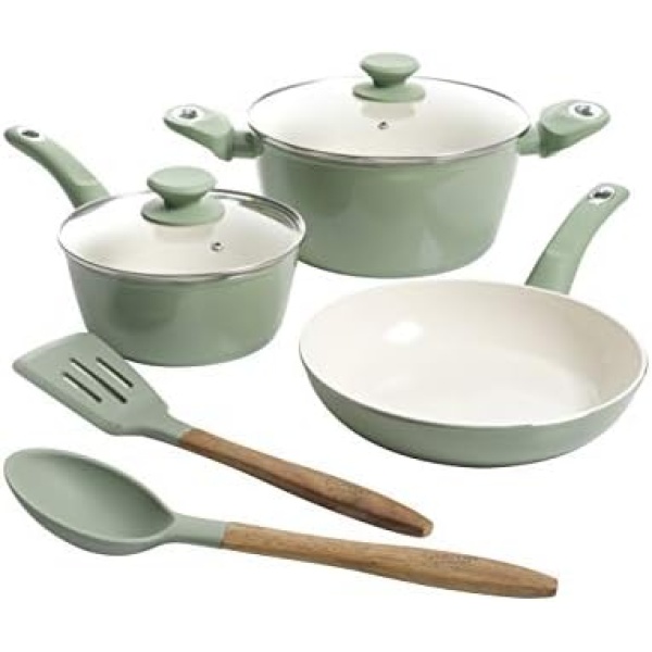 Gibson Home Plaza Café Forged Aluminum Healthy PFA-Free Ceramic Pots and Pans Cookware Set, 7-Piece Set, Mint Green