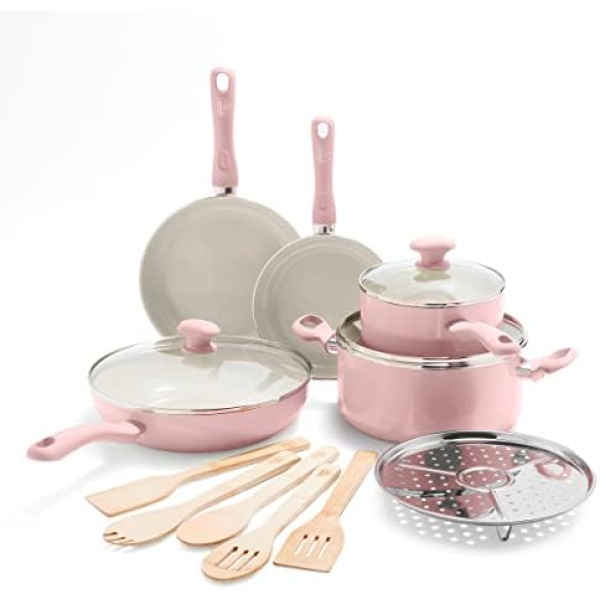 GreenLife Soft Grip Healthy Ceramic Nonstick, 14 Piece Cookware Pots and Pans Set, PFAS-Free, Dishwasher Safe, Soft Pink