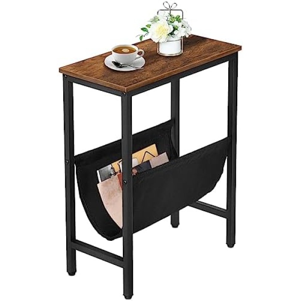 HOOBRO Side Table, Narrow End Table with Magazine Holder Sling, 48 x 24 x 61 CM Industrial Nightstand for Small Spaces, Wood Look Accent Furniture with Metal Frame, Rustic Brown BF41BZ01