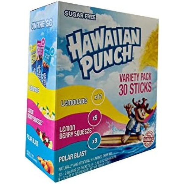 Hawaiian Punch Sugar Free Lemonade, Lemon Berry Squeeze, Polar Blast On the Go Drink Mix Variety Pack, 30 sticks, Net Wt 90g (1 unit)