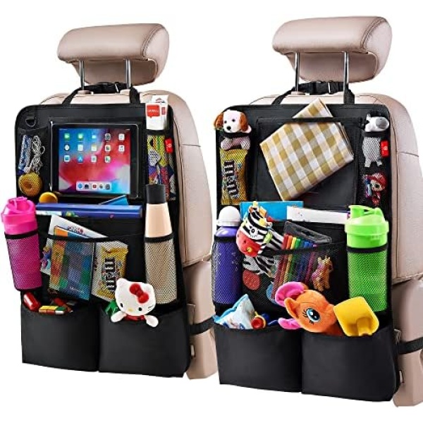 Helteko Backseat Car Organizer, Kick Mats Back Seat Protector with Touch Screen Tablet Holder, Car Back Seat Organizer for Kids, Car Travel Accessories, Kick Mat with 9 Storage Pockets 2 Pack, Black