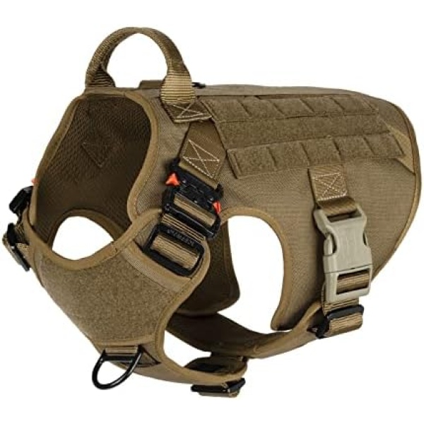 ICEFANG Tactical Dog Harness,2X Metal Buckle,Working Dog MOLLE Vest with Handle,No Pulling Front Leash Clip,Hook and Loop Panel for ID Patch (L (Chest 28"-35"), Coyote Brown)