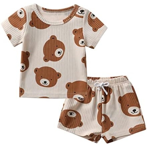 Infant Baby Boys Short Summer Outfit Toddler Bear Print T-Shirt Drawstring Shorts 2PCS Clothes Set