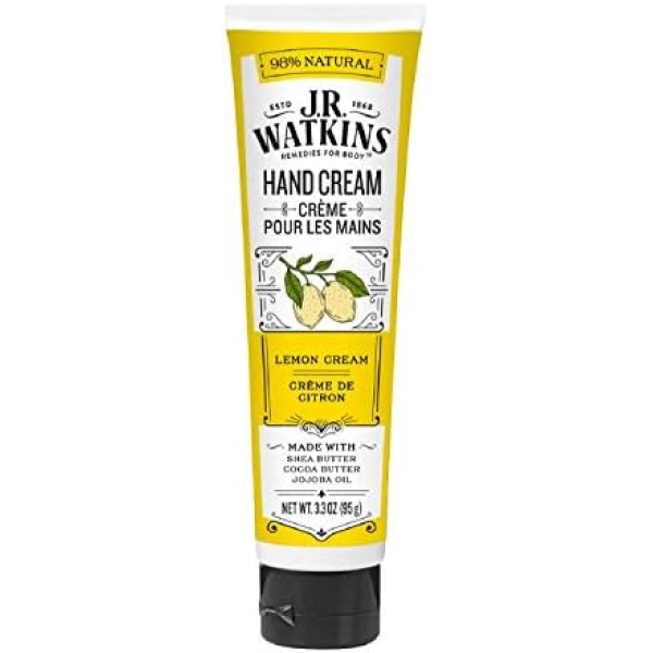 J.R. Watkins Lemon Cream Natural Moisturizing Hand Cream, Hydrating Hand Moisturizer with Shea Butter, Cocoa Butter, and Avocado Oil, USA Made and Cruelty Free, 95 Grams