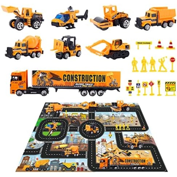 Jenilily Construction Vehicle Toy Car Set Play Mat,Truck Carrier,Forklift,Bulldozer,Excavator,Mixer,Dump Truck, Alloy Metal Car Toys for 3 4 5 6 Years Old Toddlers Kids Boys