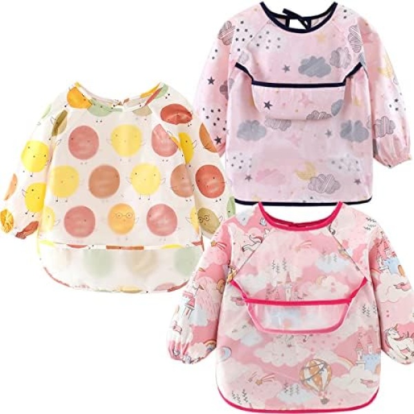 Kemolpo 3 Pack Baby Bibs Long Sleeves Waterproof Feeding Bibs with Pocket, Infant Bibs Toddler Smock Apron for Arts Crafts