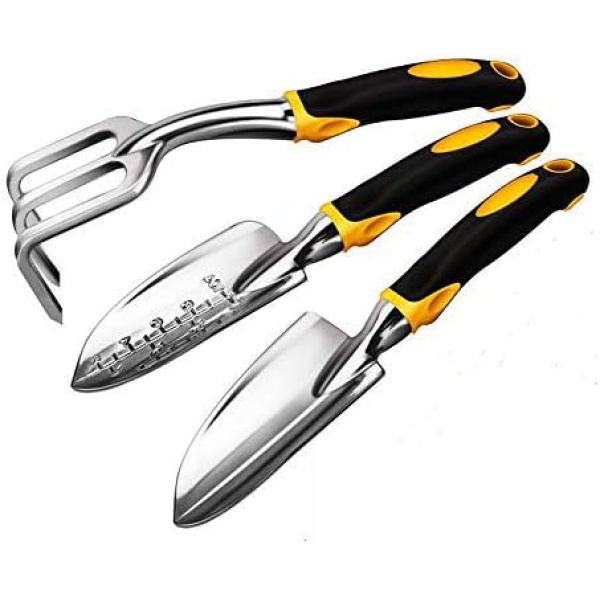 LANSONTECH Garden Tool Set, 3 Piece Heavy Duty Cast-Aluminum Heads Gardening Kit with Soft Rubberized Non-Slip Handle - Trowel,Transplant Trowel and Cultivator Hand Rake, Garden Gifts Parents Women Men for Flowers Potted Plant (Yellow)