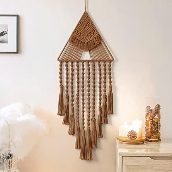 LOMOHOO Macrame Woven Wall Hanging Dream Catcher Triangle Tassel Geometric Art Boho Backdrop Bohemian Home Decor Wall Art Beautiful Apartment Dorm Room Door Decoration