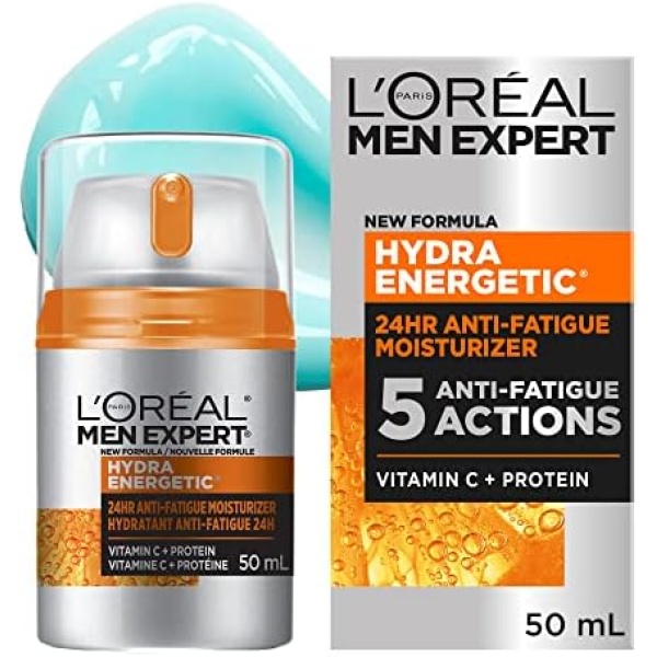 L'Oréal Paris Men Expert Hydra Energetic Face Cream with Vitamin C + Protein, 24HR Non-greasy Face Moisturizer for Men, For Dry and Dull Skin, Reduces look of fine lines & dark circles, Dermatologist Tested, 50ml