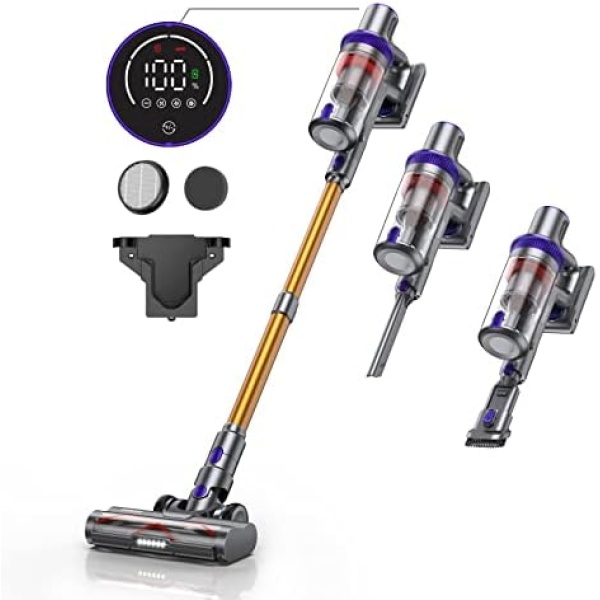 Laresar Cordless Vacuum Cleaner, 33KPa 400W Powerful Stick Vacuum, Touch Screen, 50 Mins Detachable Battery, 3-Speed Adjustment, Lightweight Handheld Vacuum, Hardhood Floor/Carpet/Pet Hair (Elite 3)