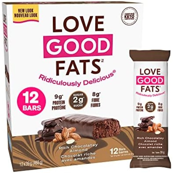 Love Good Fats Keto Protein Snack Bars - Truffle Chocolate Almond - 14g Good Fats, 9g Protein, 4g Net Carbs, 2g Sugar, Gluten-Free - Rich Chocolatey Almond, 12 Pack