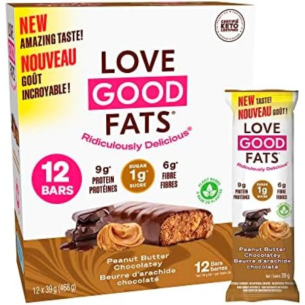 Love Good Fats Plant-Based Keto Protein Snack Bars - Truffle Chocolate Peanut Butter - 12g Good Fats, 9g Protein, 4g Net Carbs, 1g Sugar, Gluten-Free - Peanut Butter Chocolatey, 12 Pack