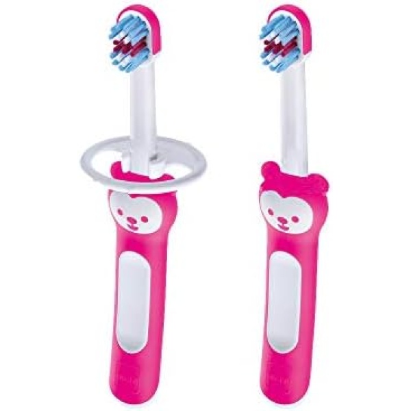 MAM Baby's Brush Set (2 Training Toothbrushes, 1 Safety Shield), Baby Toothbrushes with Brushy the Bear, Interactive App, For Girls 6+ Months, Pink