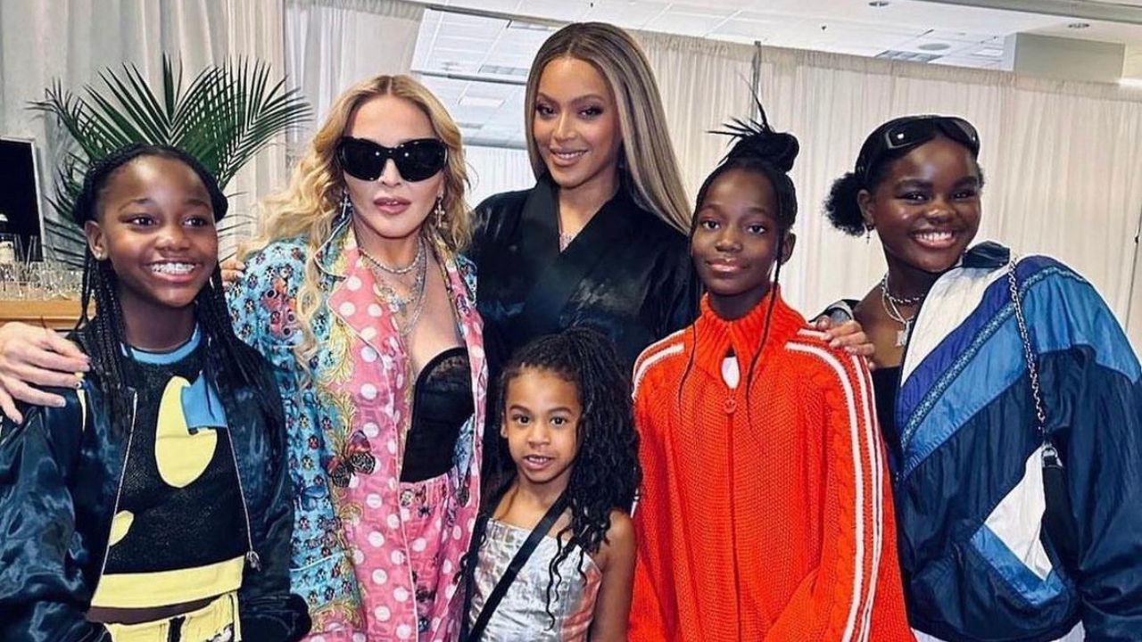 Madonna Took A Rare Photo with Beyonce, Rumi and her Children in a $3,600 Versace Set Backstage at the Renaissance Tour