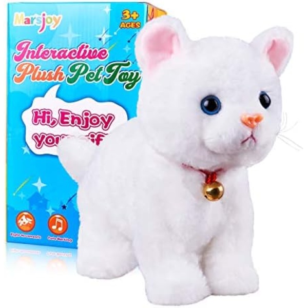 Marsjoy White Plush Cat Stuffed Animal Interactive Cat Robot Toy Barking Kitten Sound Control Electronic Cat Pet Walking Cat Kitty Toy Animated Toy Cats for Girls Baby Kids