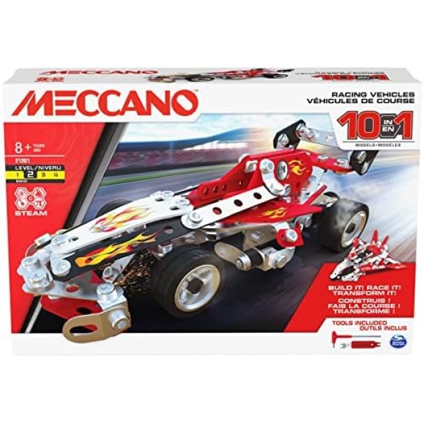 Meccano, 10-in-1 Racing Vehicles STEM Model Building Kit with 225 Parts and Real Tools, Kids Toys for Ages 8 and up